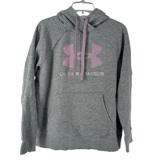 Under Armour Hoodie Rival Fleece Loose Fit Womens Size M Gray Purple Logo Basic - Picture 1 of 7
